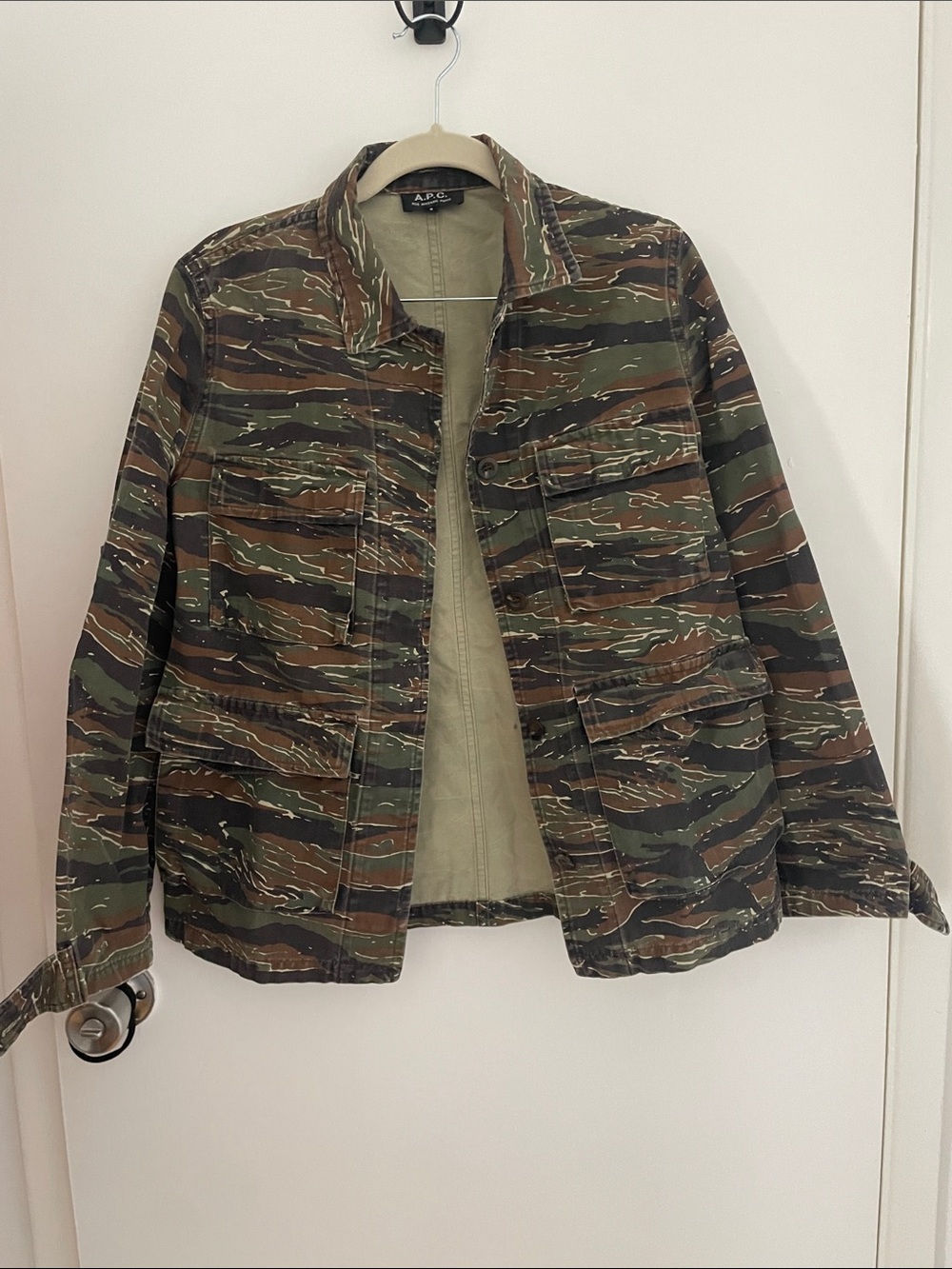 A.P.C. Tigerstripe Camo Field Jacket in Olive and Brown
